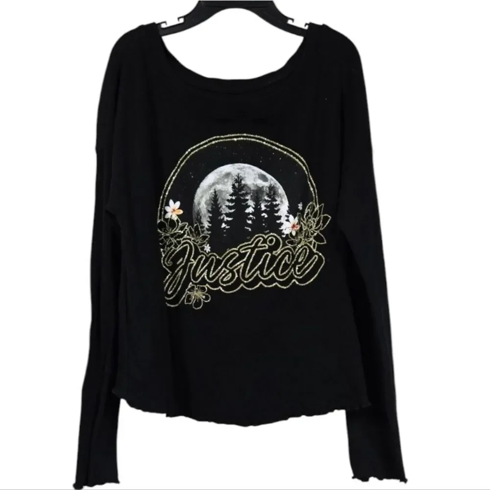 Justice Girls 10 Black Flyaway Tee Graphic Long Sleeve Ribbed Knit T-Shirt Top